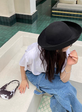 法式复古黑色驼红色日系翻檐卷边盆帽女秋冬外贸潮羊毛呢礼帽毡帽