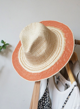 韩版复古橘色棕色条纹度假沙滩爵士礼帽女夏天遮阳防晒出游小草帽