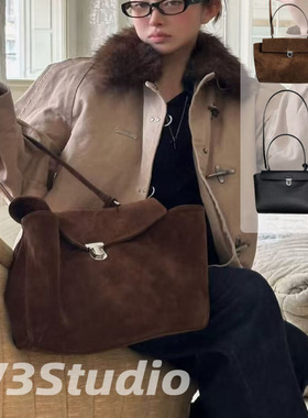 25秋冬韩国小众ribbonbit棕色麂皮绒面锁扣手提包通勤单肩斜跨包