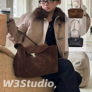 25秋冬韩国小众ribbonbit棕色麂皮绒面锁扣手提包通勤单肩斜跨包
