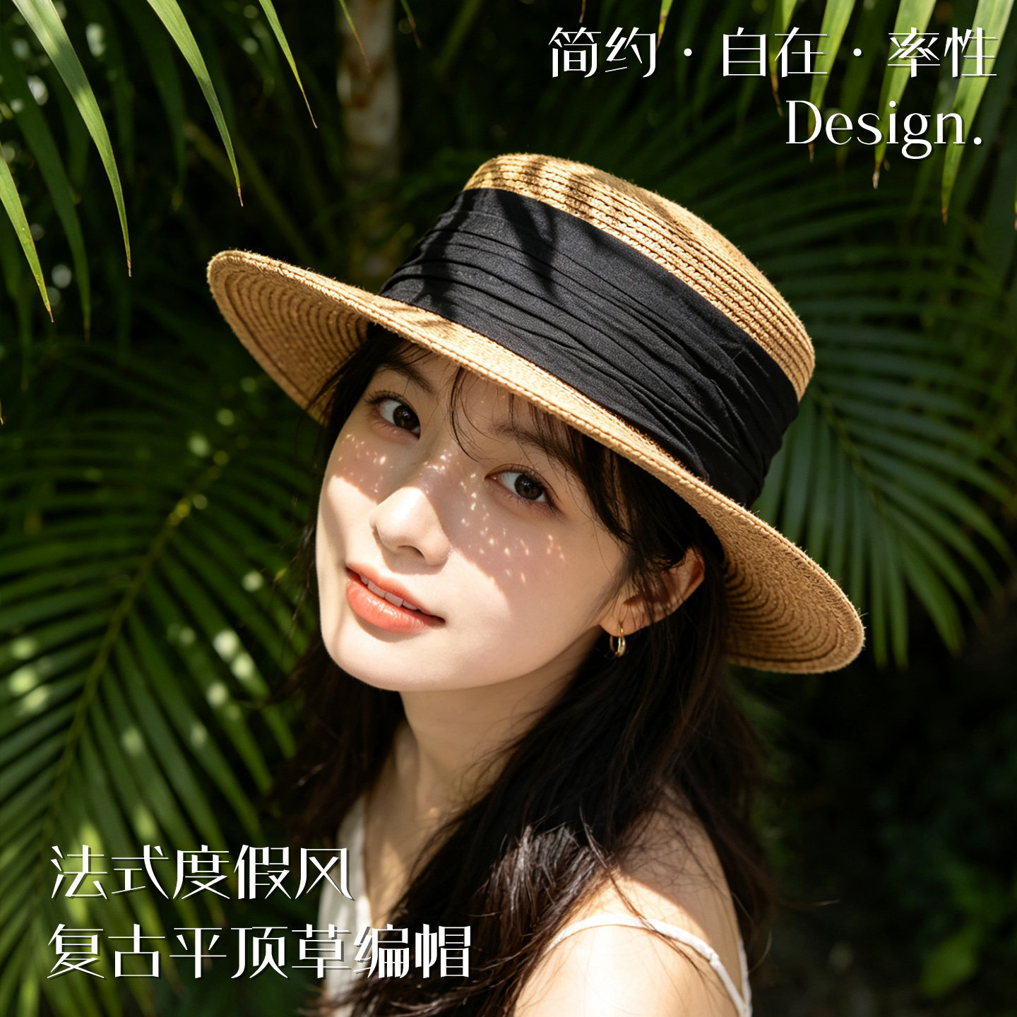 新款法式旅游度假海边沙滩拍照平顶草帽女夏季遮阳防晒编织礼帽子