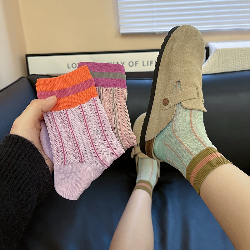 袜子女网眼拼色吸汗夏季中筒袜