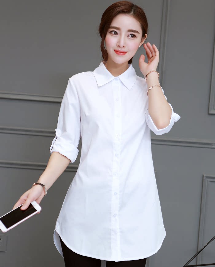 thumbnail for Spring and autumn new style European and American BF style blouse sexy wild large size white shirt pajamas women's mid-length long-sleeved shirt