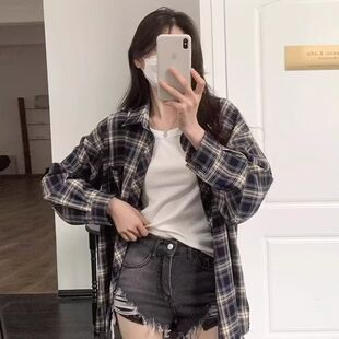 韩版复古格子翻领长袖衬衫女款春秋季新款宽松百搭潮流女款衬衣潮