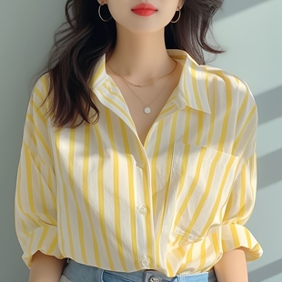 条纹黄色衬衫女夏2026新款宽松百搭休闲韩版外套薄款衬衣时尚上衣