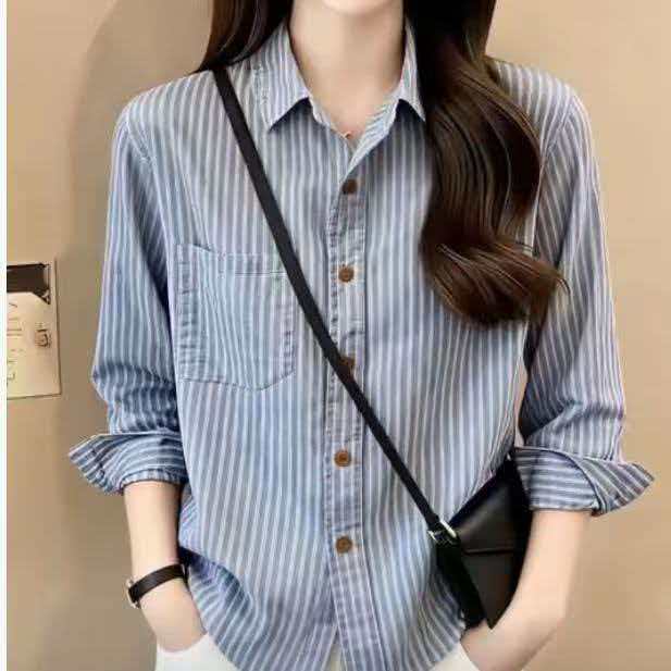 条纹长袖衬衫女宽松百搭洋气上衣春秋新款显瘦休闲外穿衬衣小个子图片