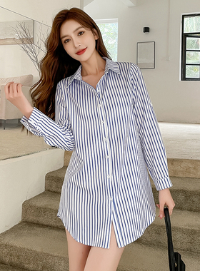 2025春秋新款韩范文艺前短后长衬衣中长款竖条纹衬衫女休闲外套