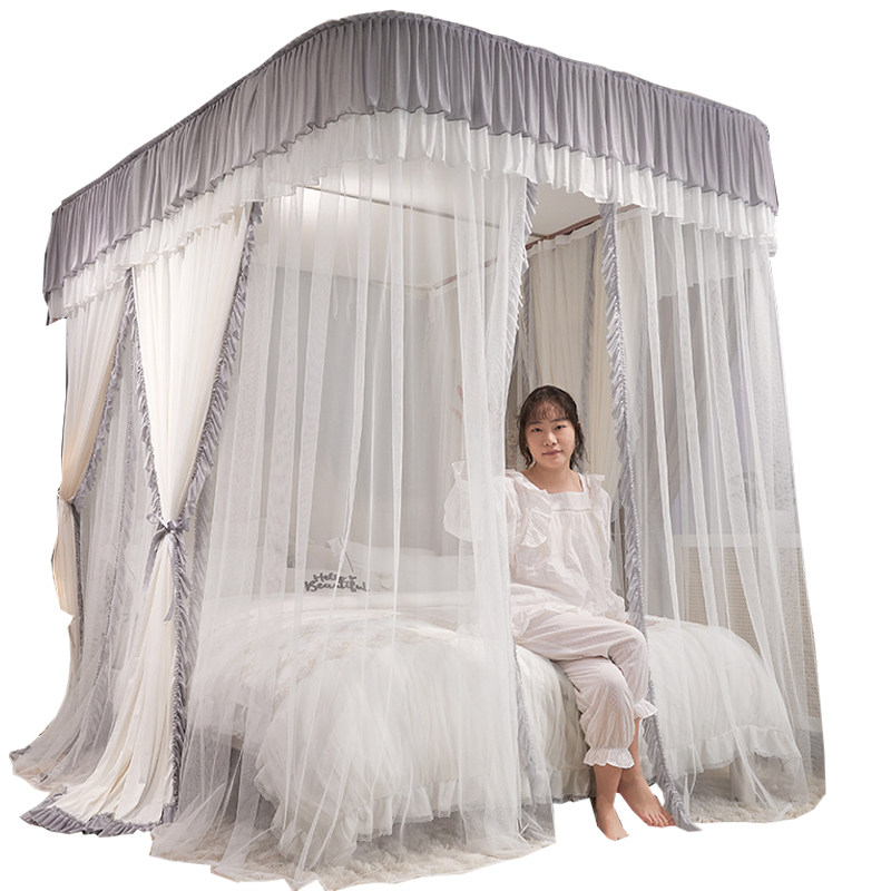 双层导轨蚊帐新款公主U型轨道防尘遮光家用卧室三开门落地加粗密