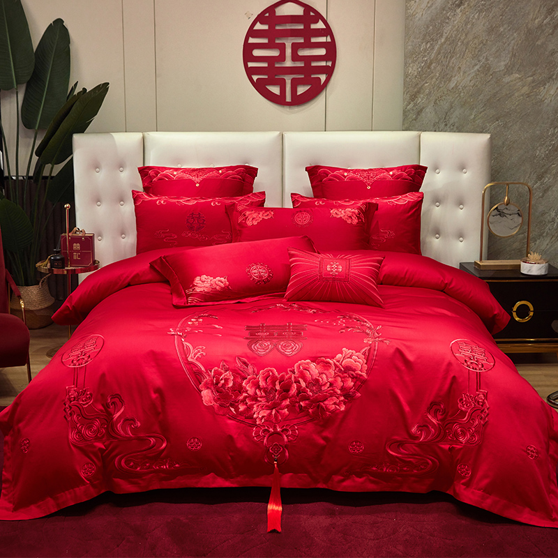 60支全棉婚庆四件套大红色结婚用纯棉被套喜被夹棉床盖床上用品A