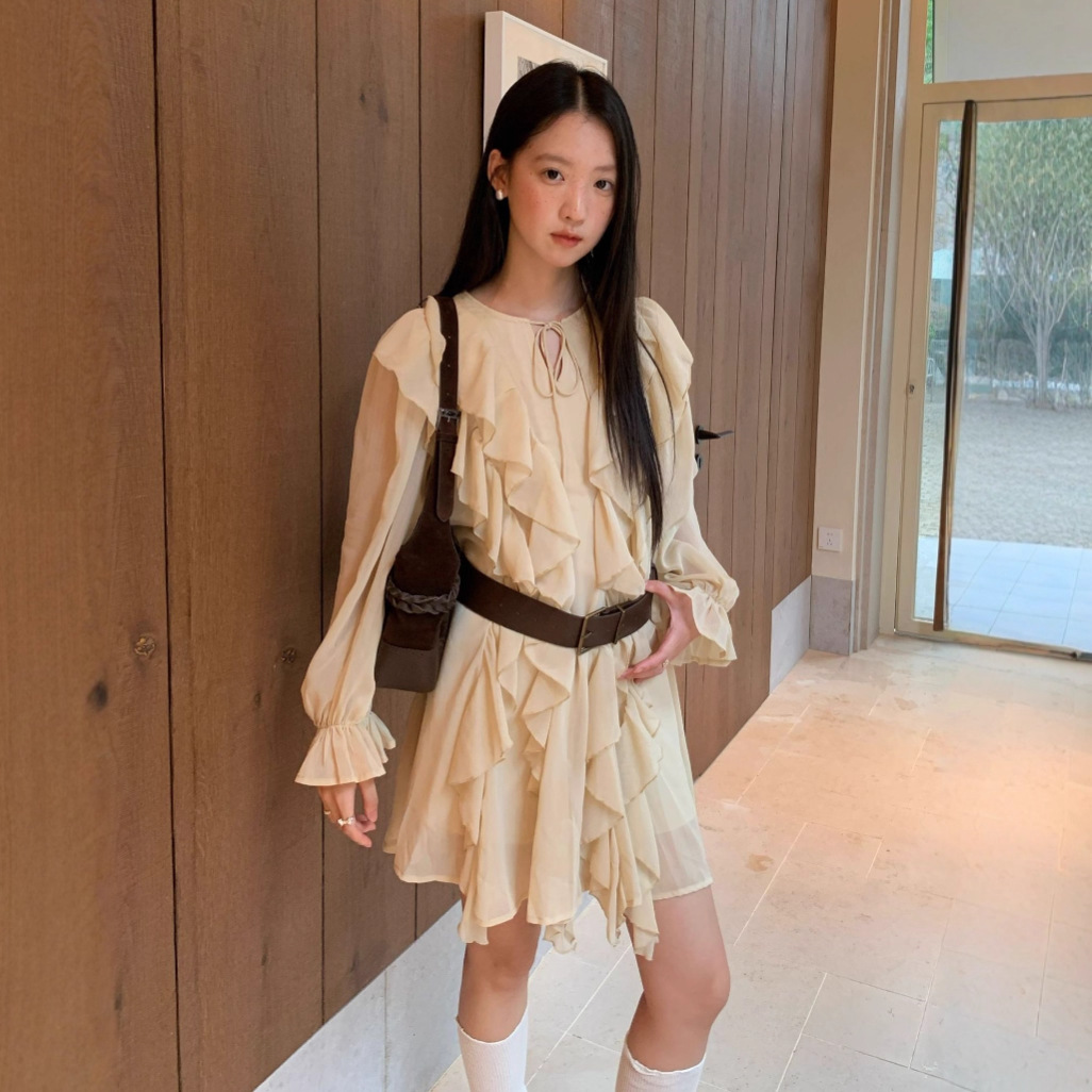 诠释美 NEWOPEN 25秋小个子法式荷叶边不规则长袖重工连衣裙F6066