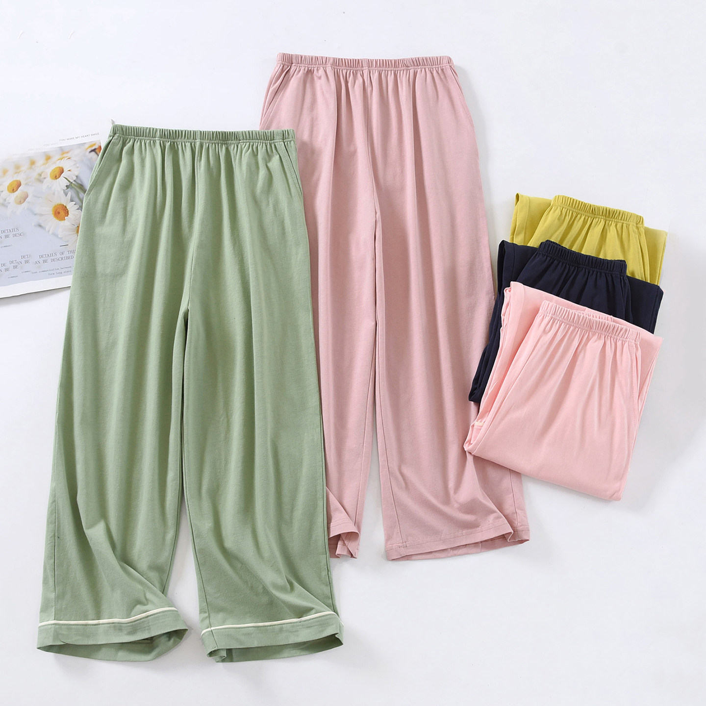 日系纯棉睡裤女夏薄款七分裤宽松休闲针织全棉家居裤7分中裤外穿