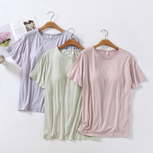 宽松简约纯色家居上衣打底衫 莫代尔棉睡衣女夏短袖 t恤带胸垫薄款