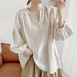 女法式 春季 V领遮肚子棉质衬衫 七分袖 轻熟上衣 哺乳衣外出喂奶薄款