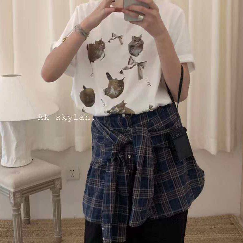 清仓现货女装猫咪蝴蝶结印花T恤