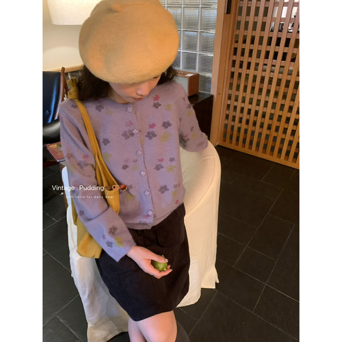 复古印花包扣设计针织开衫上衣