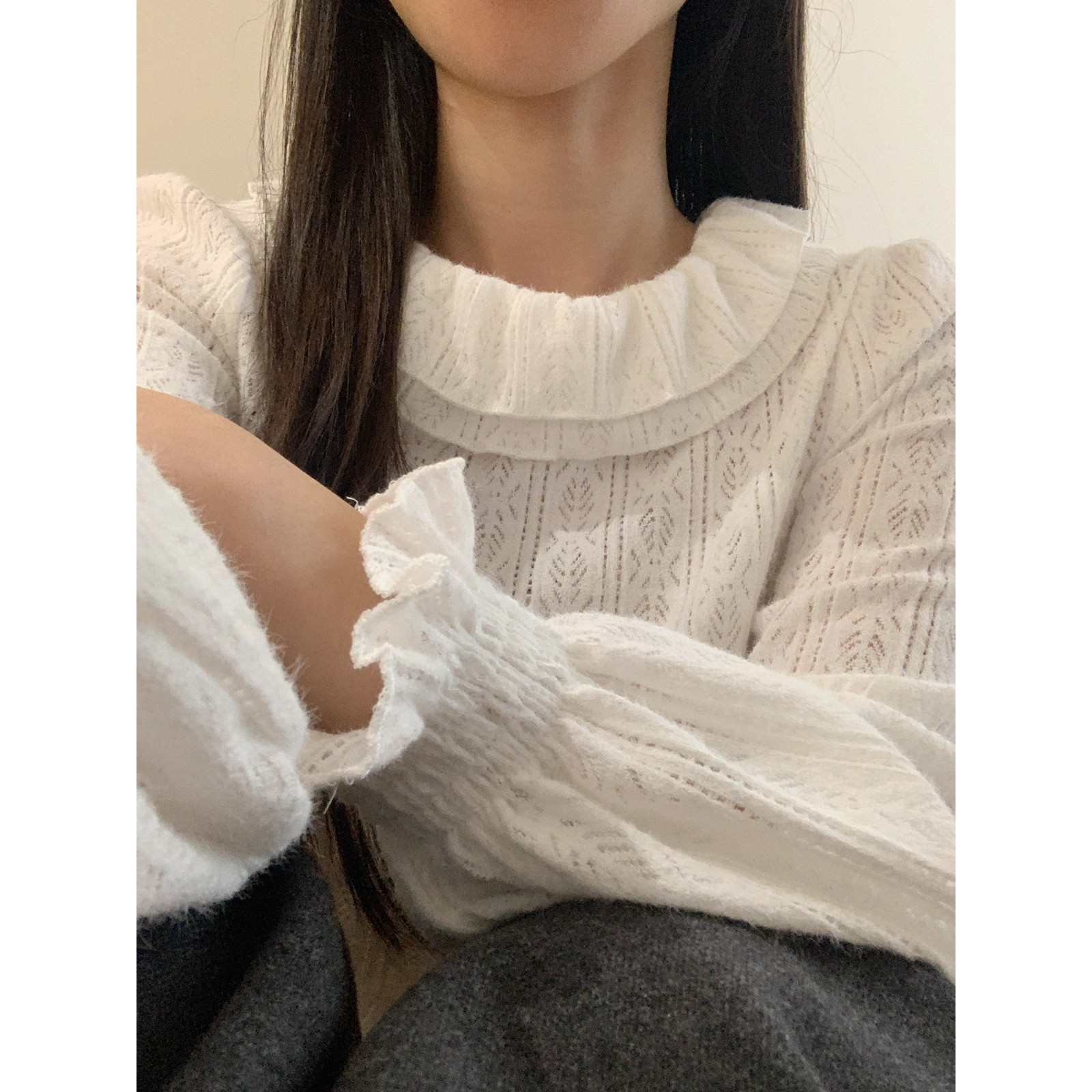 蕾丝双层娃娃领木耳边打底衫