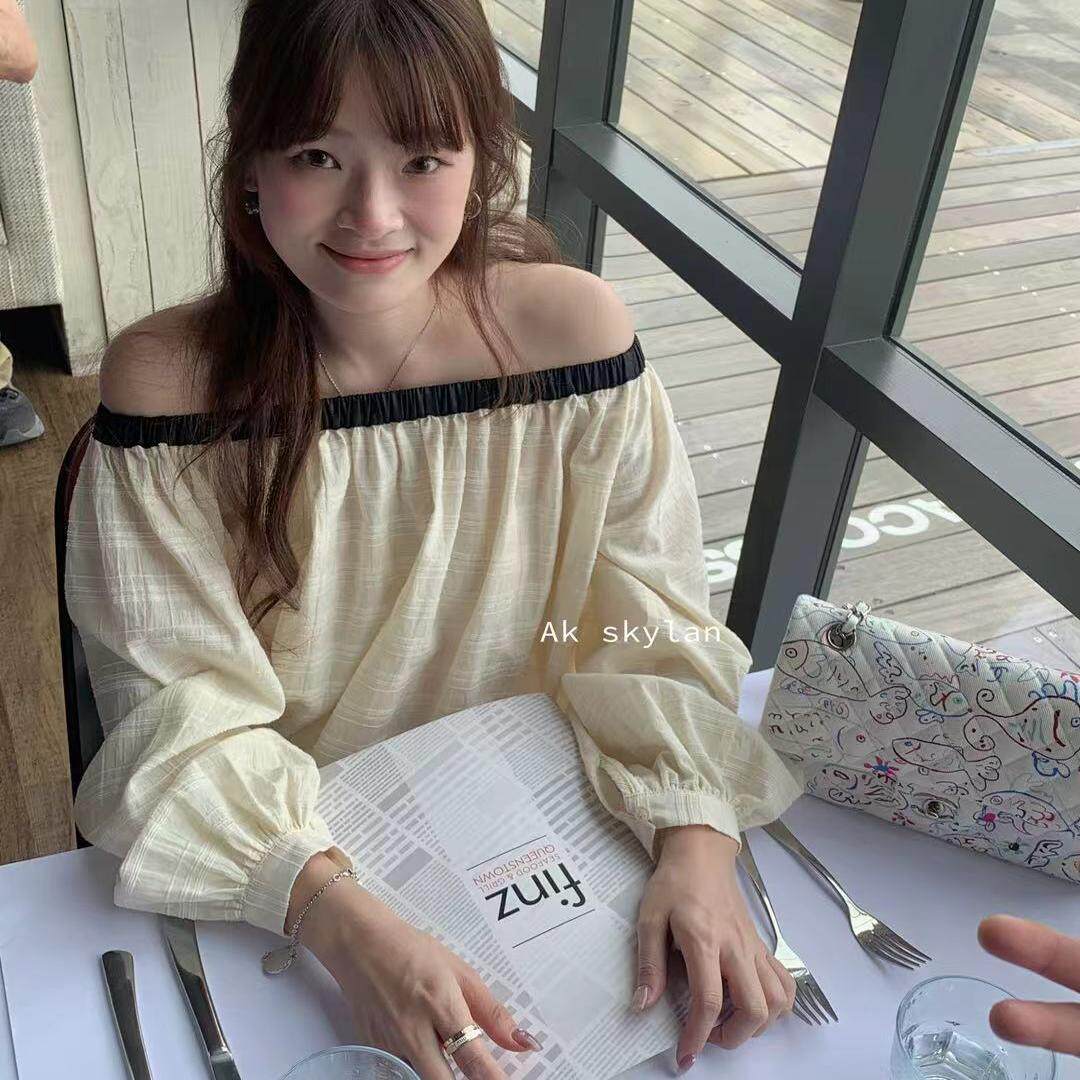 淑女风甜美一字肩泡泡袖衬衫上衣