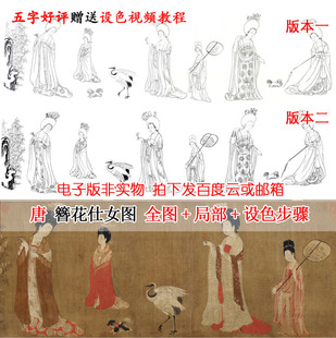 唐簪花仕女图白描底稿+高清原彩图线描仕女线稿电子版素材