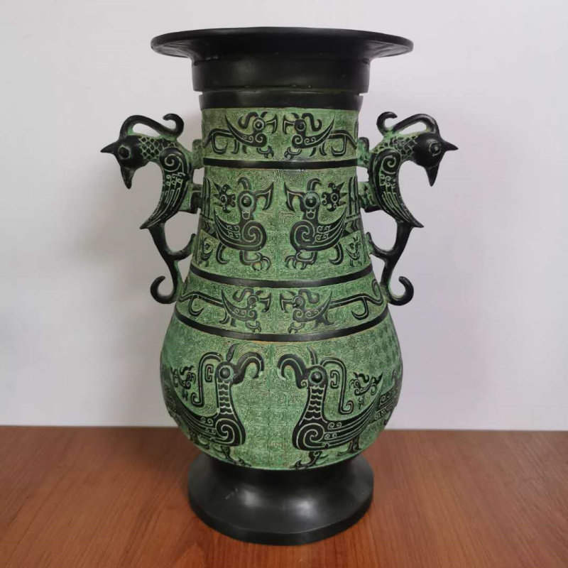 仿古青铜器客厅风水复古摆件双鸟凤纹壶中式古玩家居装饰文化礼品
