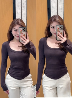 专柜同款Hold Tigh女士莫代尔长袖上衣紧身显瘦百搭低领U领打底衫