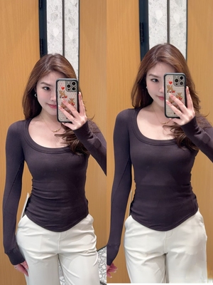 专柜同款Hold Tigh女士莫代尔长袖上衣紧身显瘦百搭低领U领打底衫