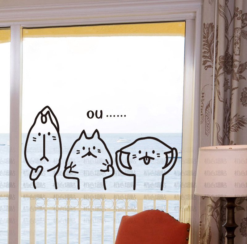 三只搞怪捏脸小猫墙壁装饰贴纸家居柜子贴玻璃门贴宠物店窗户贴画