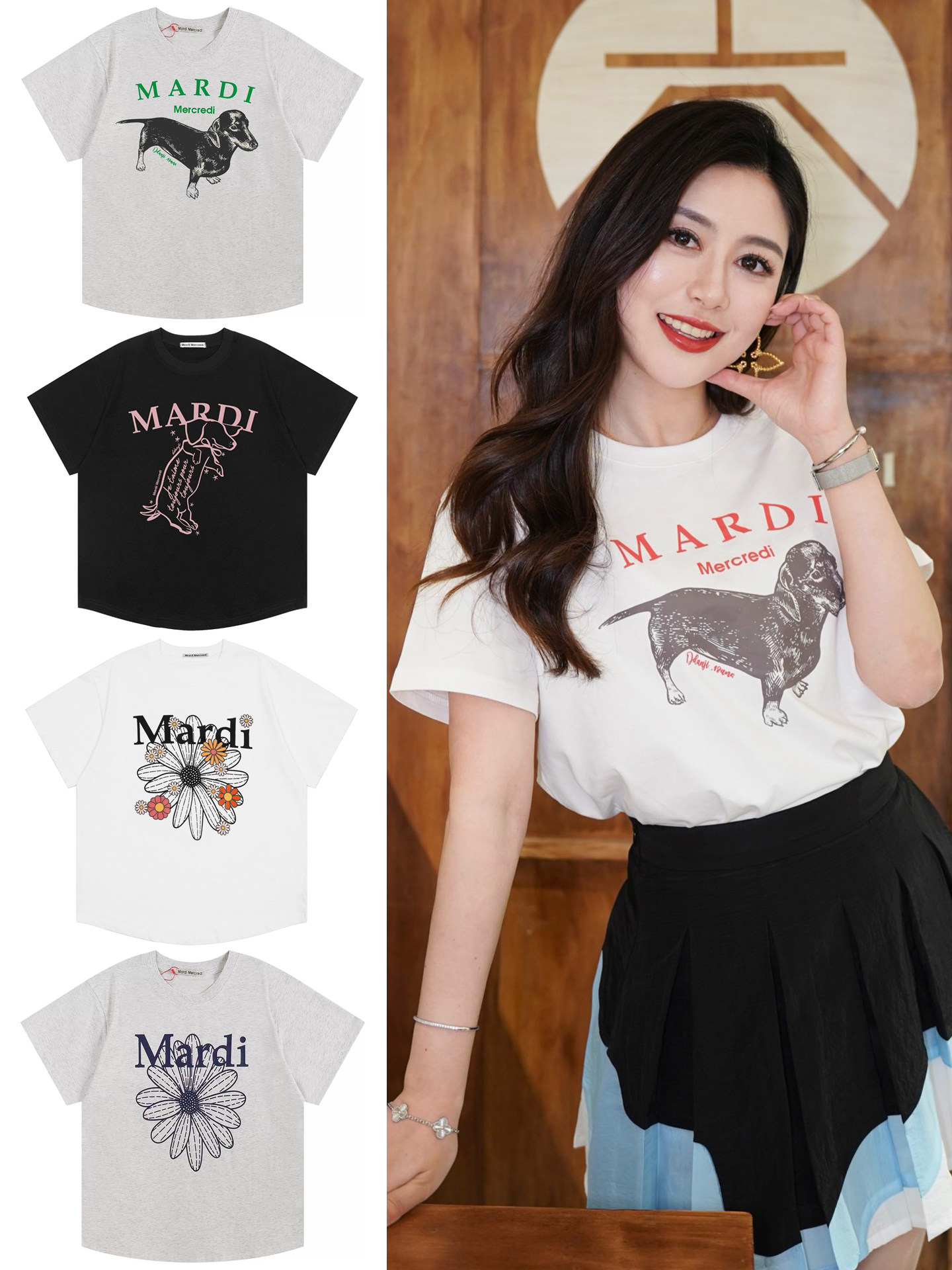 เสื้อยืดลายดอกเดซี่ คอรอบ ผ้าฝ้ายแท้ ใส่ได้ทั้งชายและหญิง แขนสั้น สำหรับฤดูใบไม้ผลิและฤดูร้อน ลายสุนัขพันธุ์ดัชชุนและคอร์กี้สไตล์เกาหลี