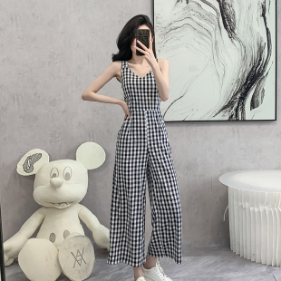 新款 套装 连体衣女垂感复古黑白格子无袖 连体裤 背带连身阔腿裤 夏季