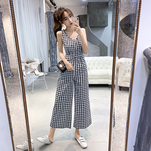 夏季新款韩版连体衣女垂感高腰连身阔腿裤无袖背带格子连体裤套装