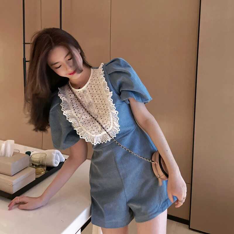 夏季法式新款小个子连体衣女式高腰修身牛仔短袖连身连体短裤套装