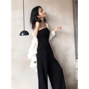 抹胸连体裤套装女夏一字肩chic显瘦高腰性感气质黑色时尚阔腿裤薄