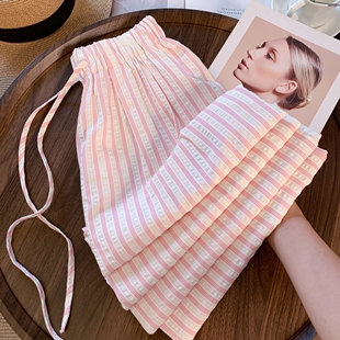 子沙滩裤 粉色条纹高腰显瘦休闲裤 女夏长裤 多巴胺阔腿裤