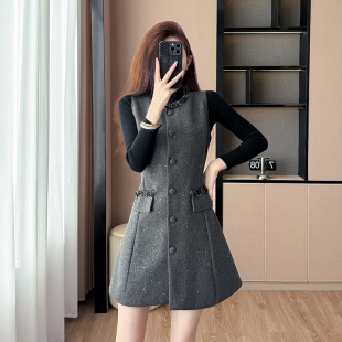 韩系高级感时尚毛呢子开衫无袖背心连衣裙+针织毛衣两件套女