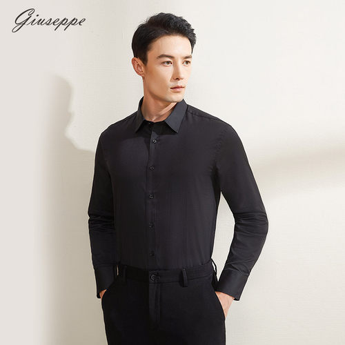 乔治白秋季男士长袖衬衫尖领修身黑色衬衣纯棉商务休闲上衣