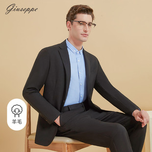 黑色中年单西上衣 西服外套商务休闲二粒扣羊毛西装 乔治白秋季 男士