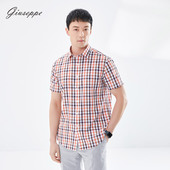 男士 修身 短袖 乔治白夏季 衬衫 尖领休闲撞色格子半袖 舒适开衫 上衣