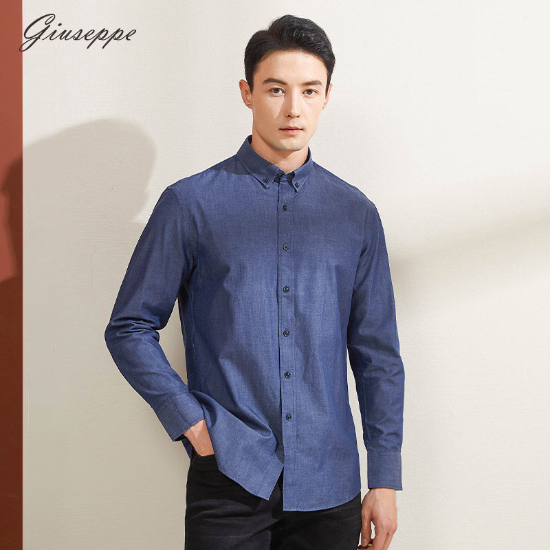 乔治白秋季男士牛仔蓝衬衫纽扣领修身长袖衬衣休闲时尚纯棉上衣潮
