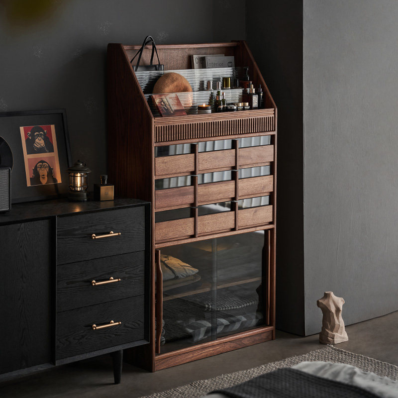 实木书柜置物架边柜轻奢简约现代书架客厅卧室斗柜黑胡桃木杂志柜