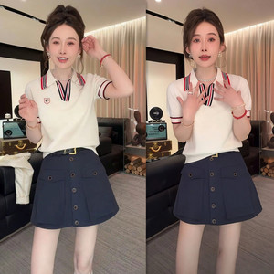 时尚减龄学院风穿搭一整套女撞色polo领针织短袖上衣半身裙两件套