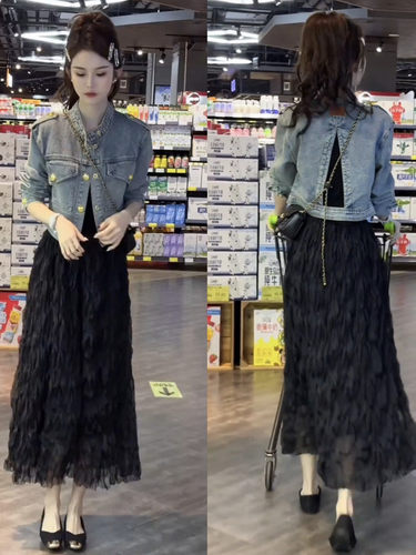 美式复古个性金扣短款牛仔外套女