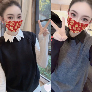 针织马甲叠穿上衣 女秋冬圆领无袖 设计感不规则娃娃领加绒长袖 衬衫