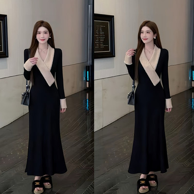 法式轻奢珍珠拼接撞色V领连衣裙