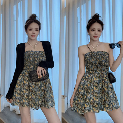 碎花抹胸连衣裤裙针织外套女春夏