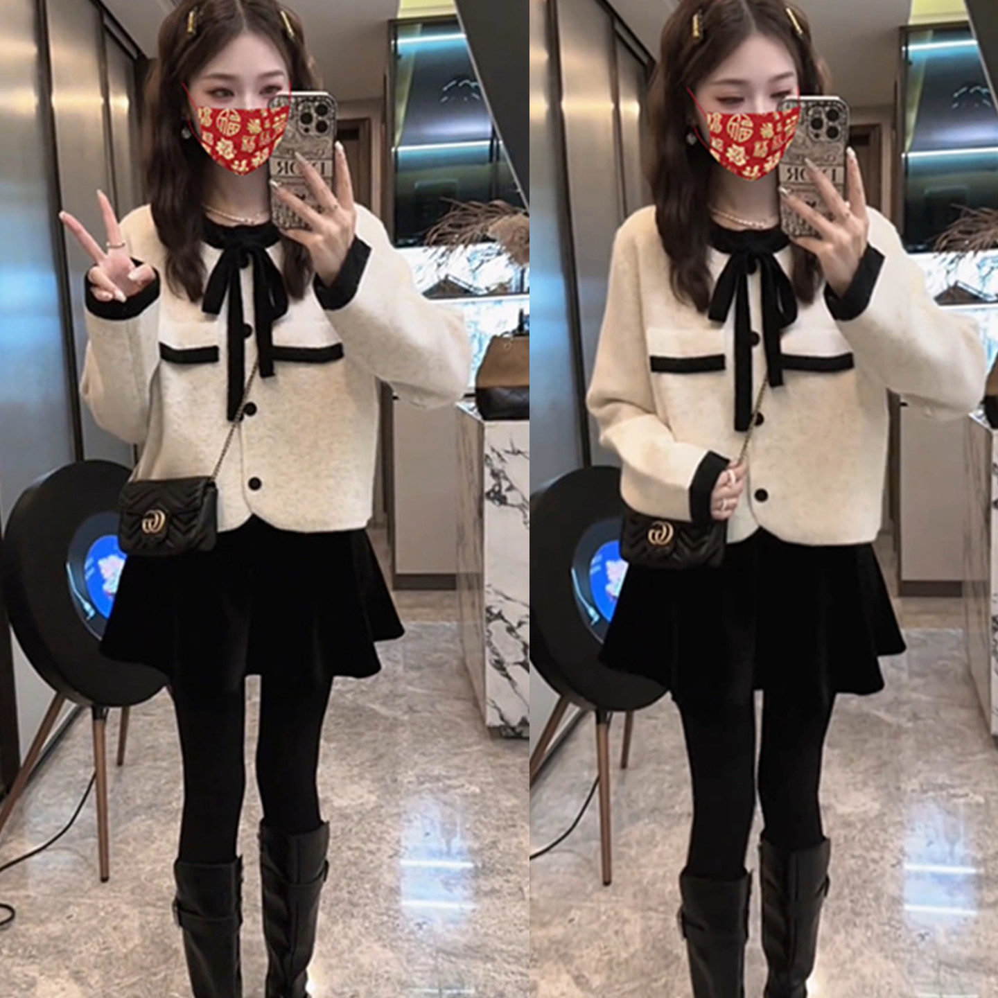 小香风蝴蝶结针织开衫半身裙套装