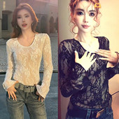 纯欲辣妹喇叭长袖 磨毛T恤女秋冬设计感修身 显瘦浮雕蕾丝内搭上衣