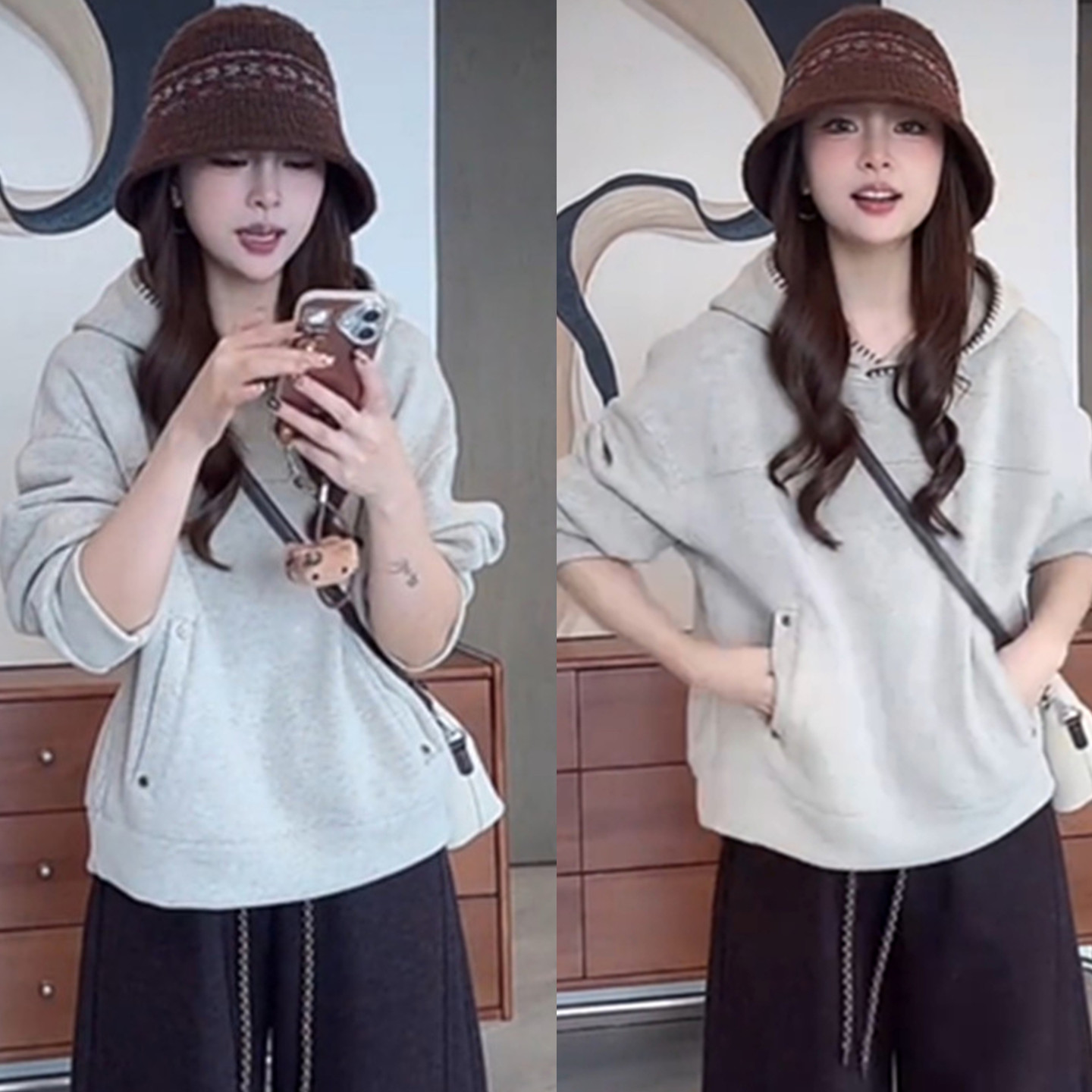 巨好看撞色边口袋加绒连帽卫衣