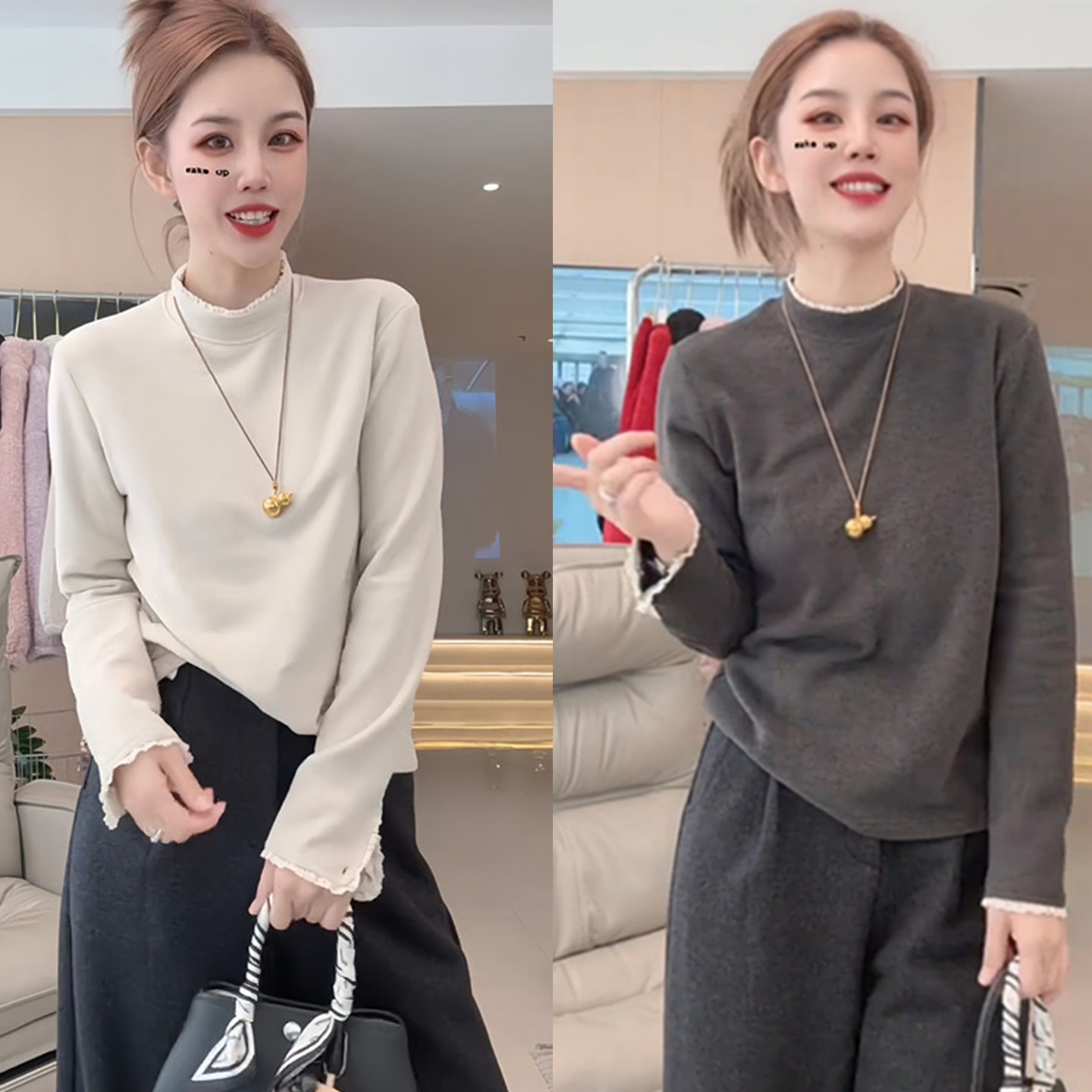 双面德绒蕾丝花边拼接长袖T恤