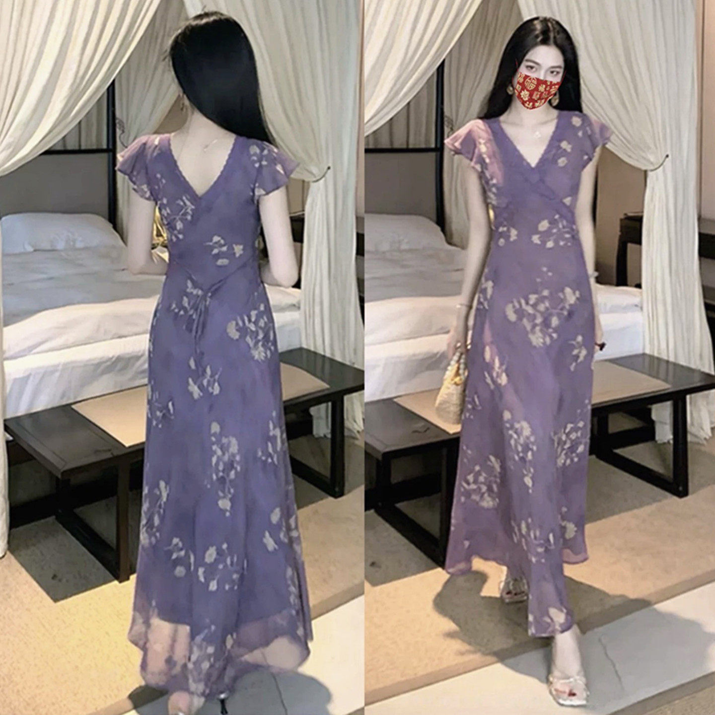 法式氛围感紫色碎花蕾丝小飞袖连衣裙女夏季气质收腰显瘦V领长裙