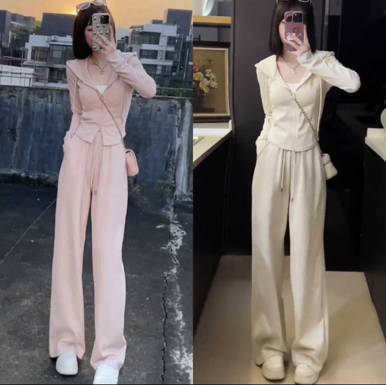 双拉链连帽上衣阔腿裤两件套