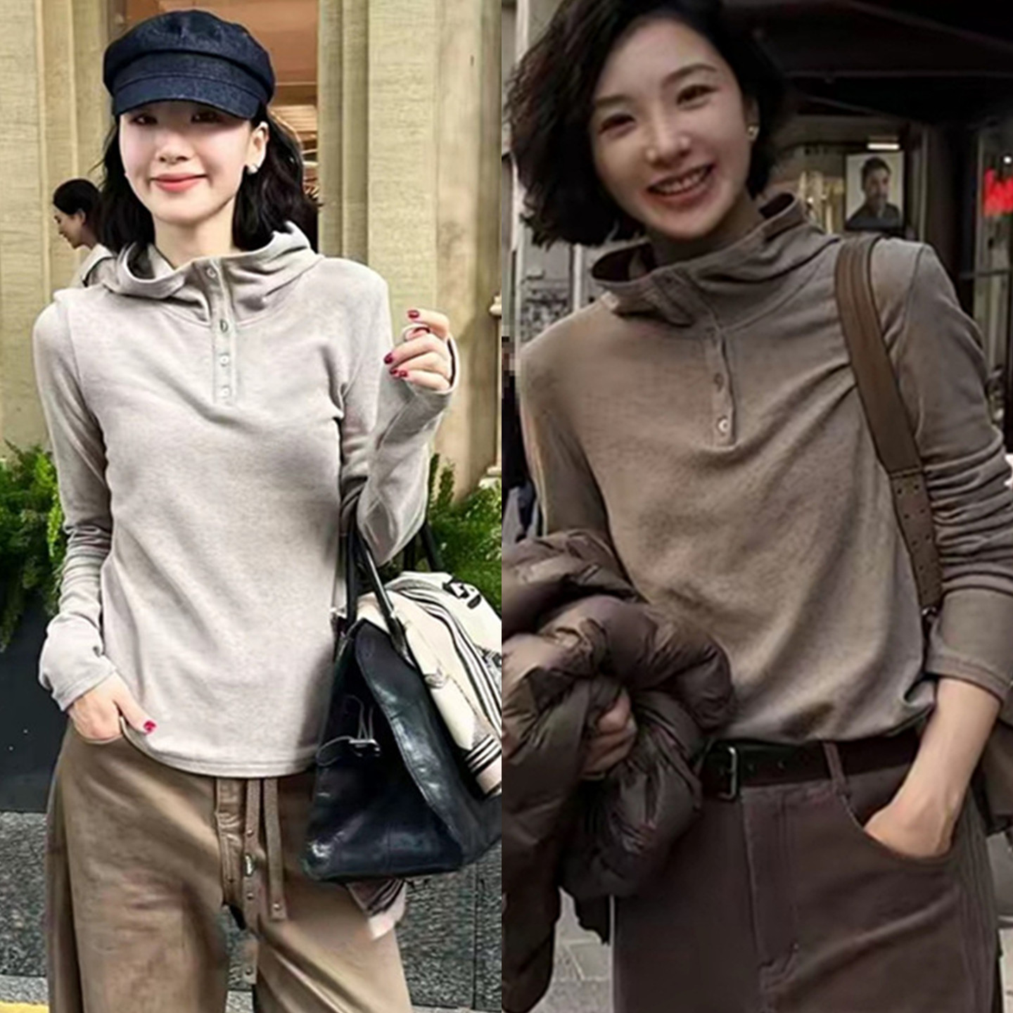 半开领纽扣连帽双面绒保暖卫衣